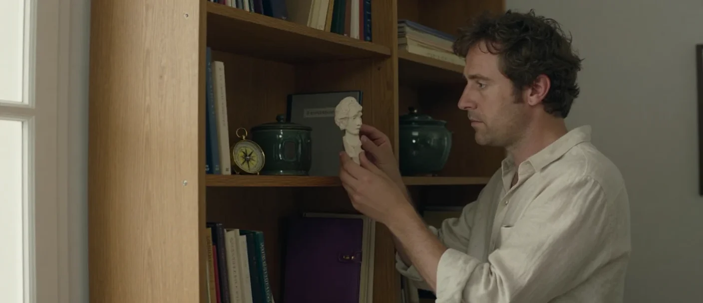 Un homme curieux explore divers ouvrages et objets dans une bibliothèque baignée de lumière.